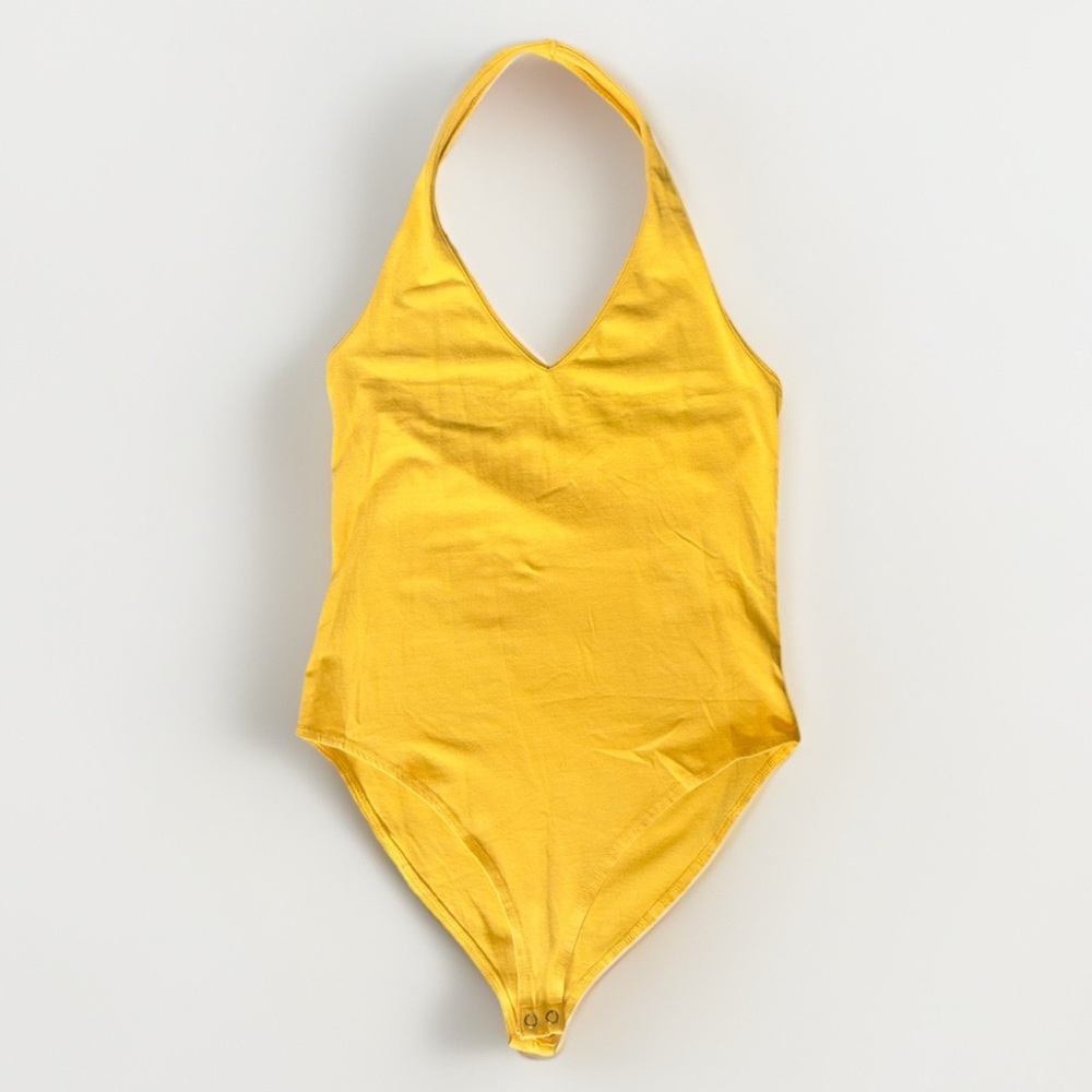 Yellow Halter Bodysuit Women’s Small Stretch Deep V High Cut One Piece Unbranded